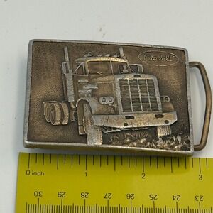 Vintage Peterbilt Semi Truck Belt Buckle Brass Silver Tone 3D Relief Rectangular